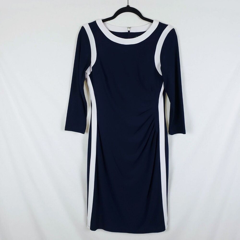 Lauren Ralph Lauren Jersey Dress Womens 8 Ruched Navy Quiet Luxury Colorblock